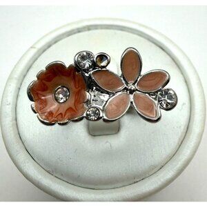 Floral Statement Ring Pink Enamel Flower Rhinestone Silver Tone Adjustable Ring